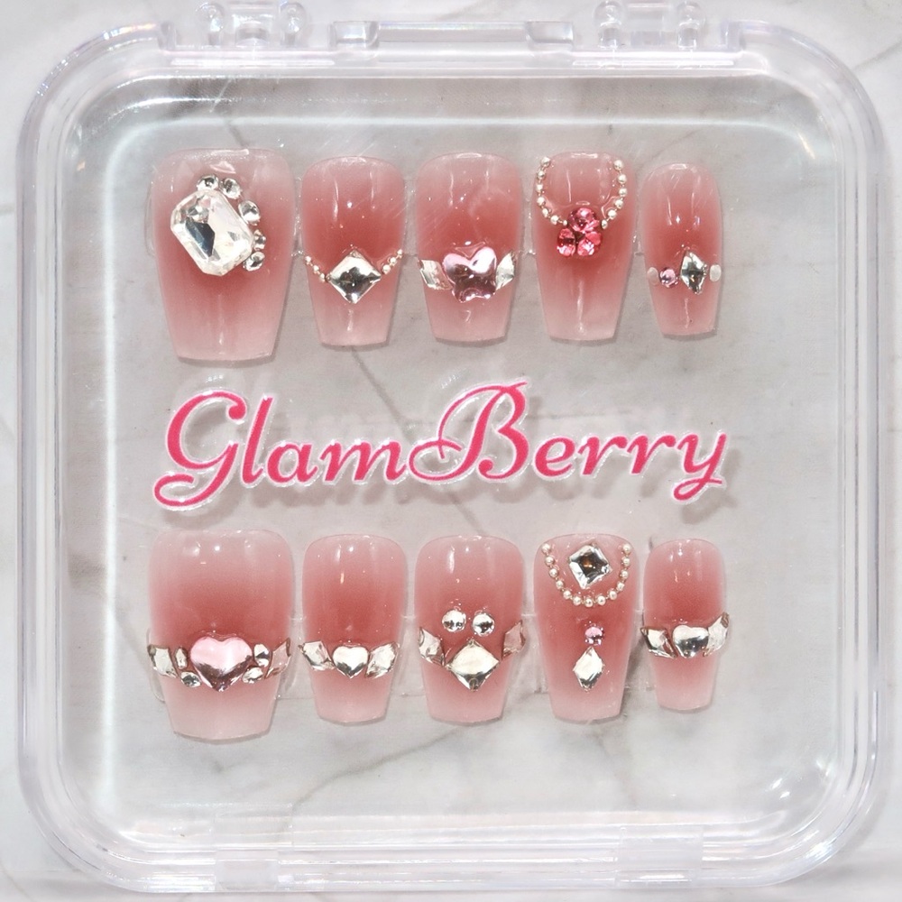 GlamBerry 10pcs Handmade Press-On Nails, Reusable, with Nail Kit - Sizes XS-L